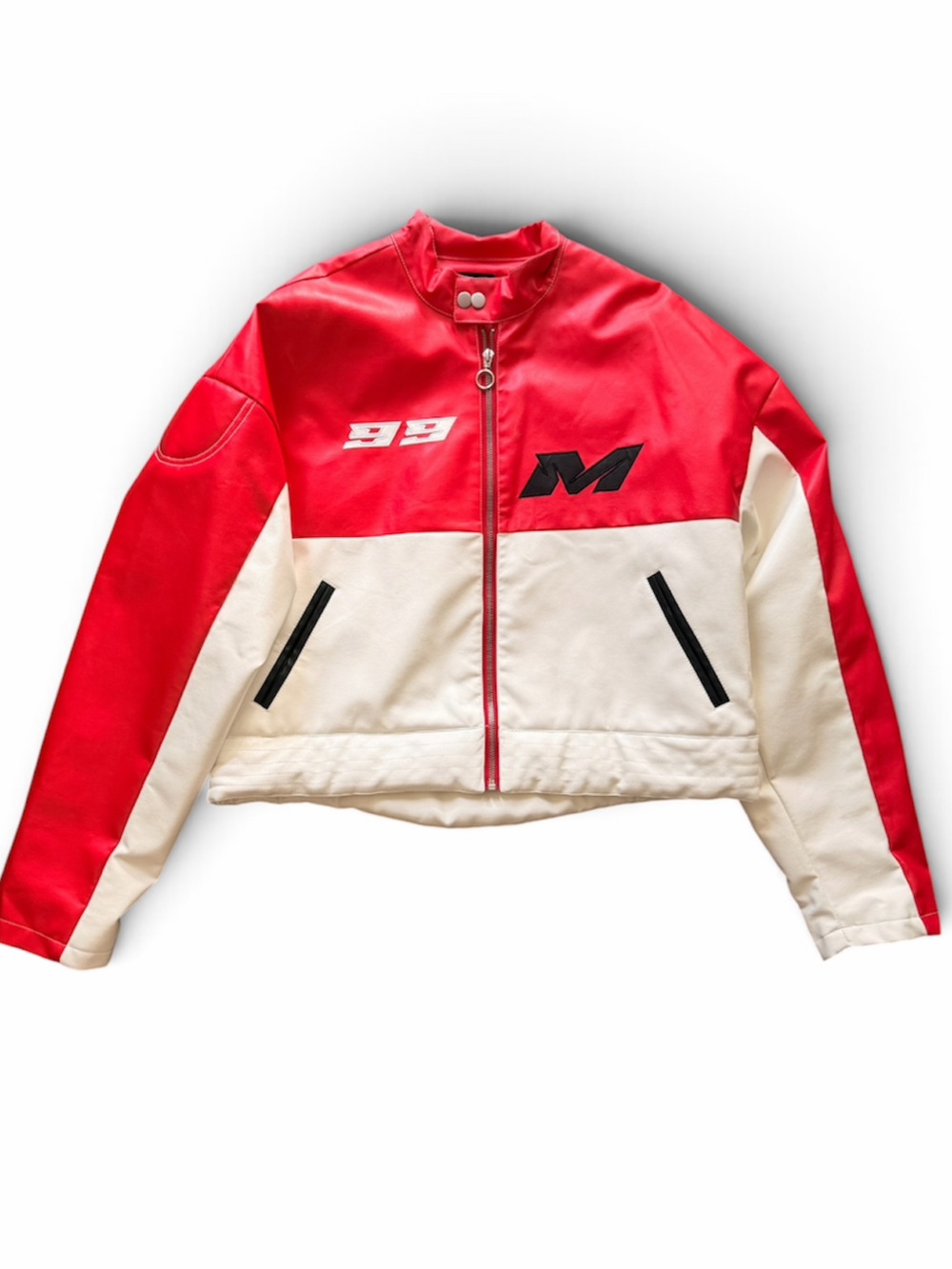PrettyLittleThing Red and white biker oversized Cropped leather look Jacket M